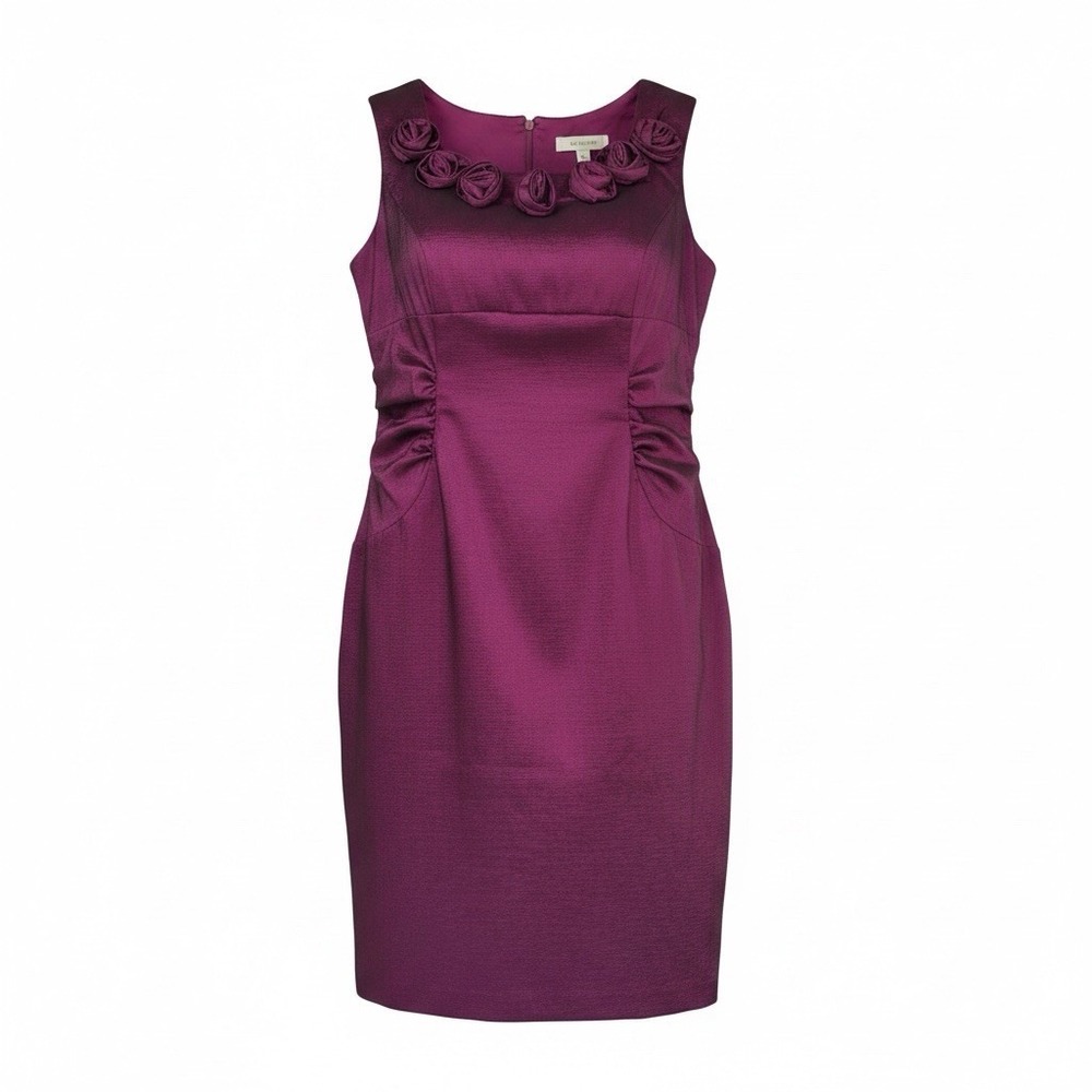 London Times Sleeveless Bodycon Dress Women Sz 14 Magenta Satin Rose Ruffle Neck